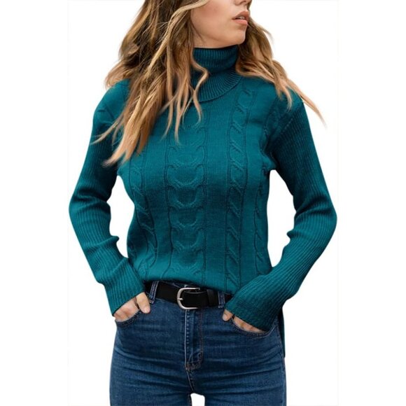 Womens Lake Blue Pull On Cable Knit Turtleneck Long Sleeve Casual Warm Sweaters - Picture 2 of 2